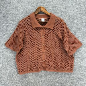Wild Fable Shirt Women M Medium Brown Button Up Crochet Collared Short Sleeve